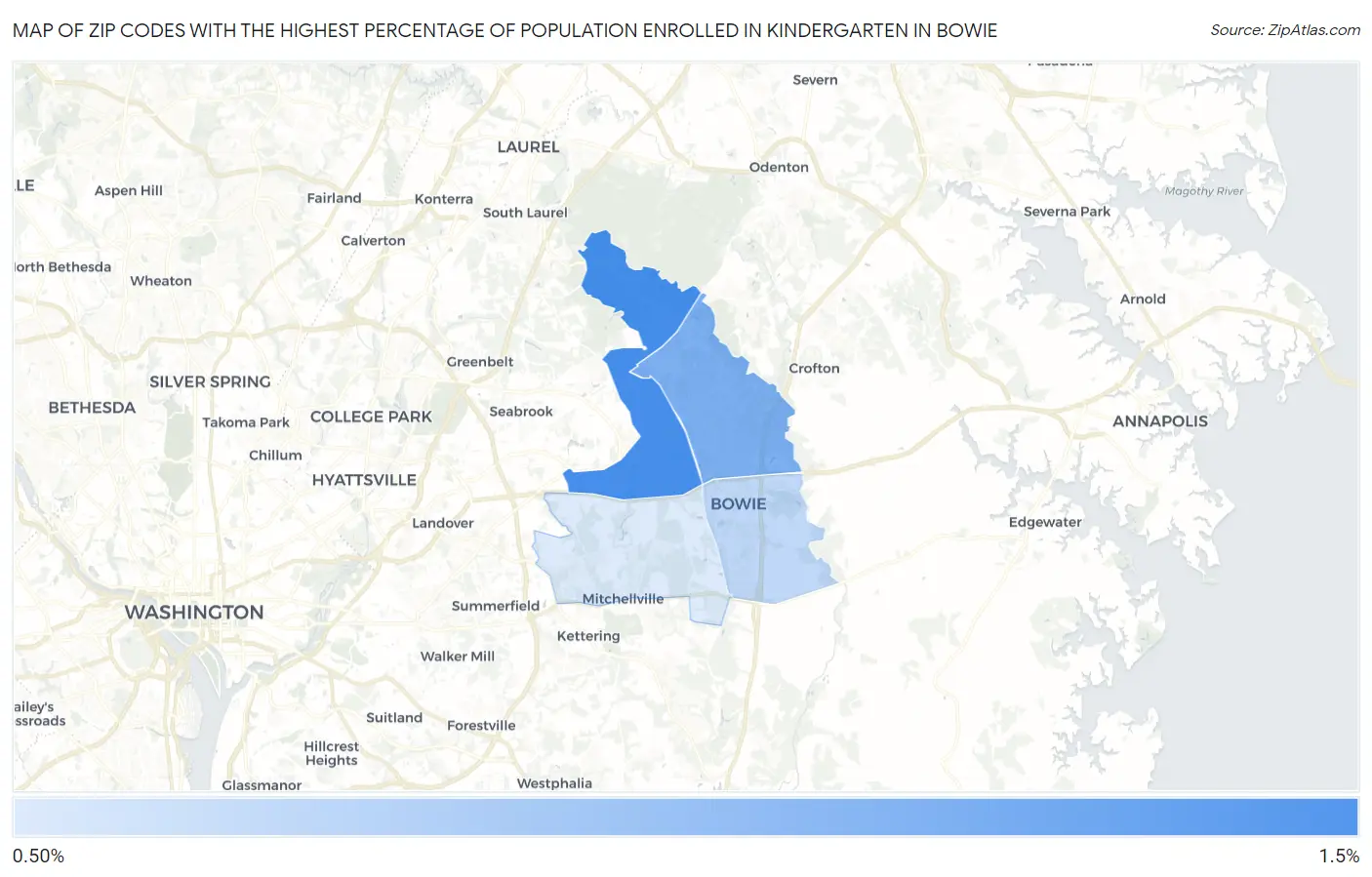 Zip Codes with the Highest Percentage of Population Enrolled in Kindergarten in Bowie Map
