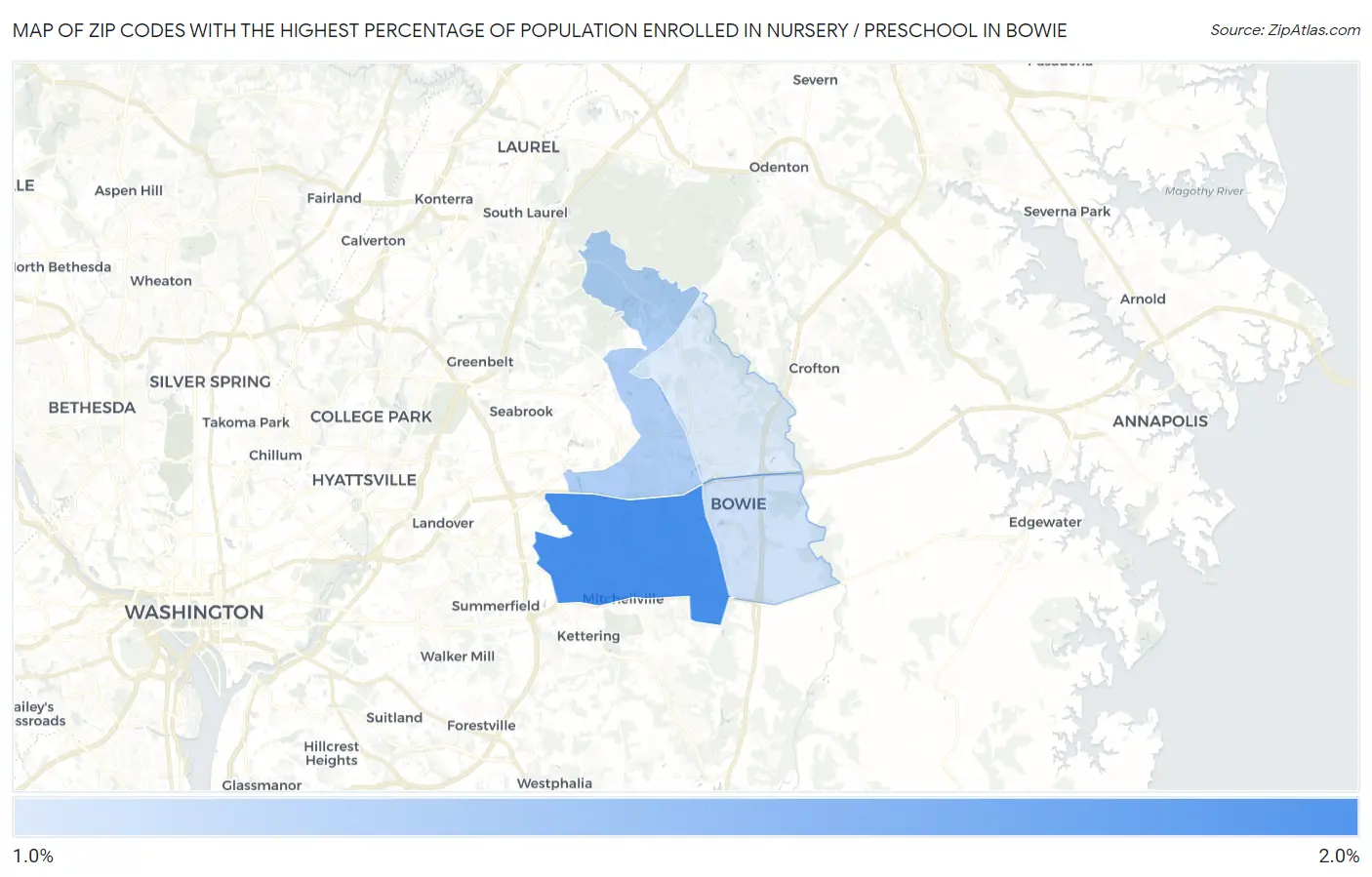 Zip Codes with the Highest Percentage of Population Enrolled in Nursery / Preschool in Bowie Map