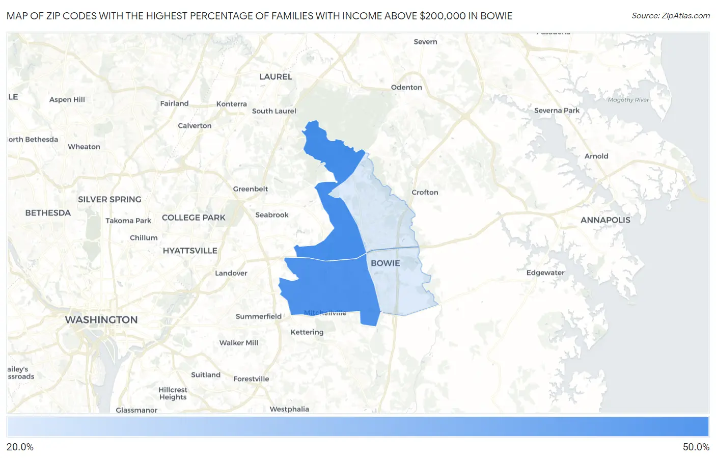 Zip Codes with the Highest Percentage of Families with Income Above $200,000 in Bowie Map