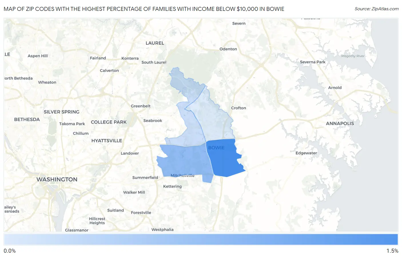Zip Codes with the Highest Percentage of Families with Income Below $10,000 in Bowie Map