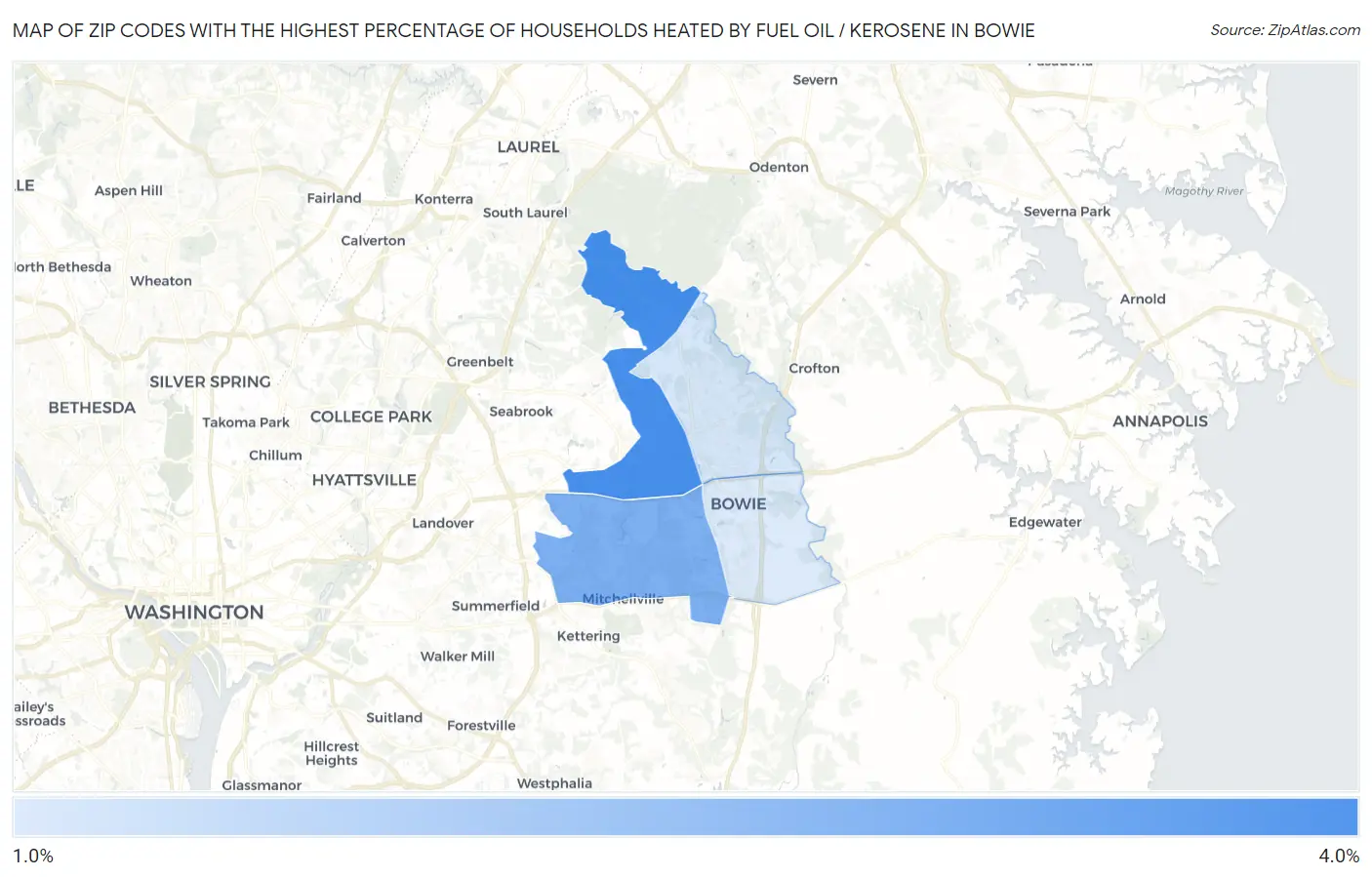 Zip Codes with the Highest Percentage of Households Heated by Fuel Oil / Kerosene in Bowie Map