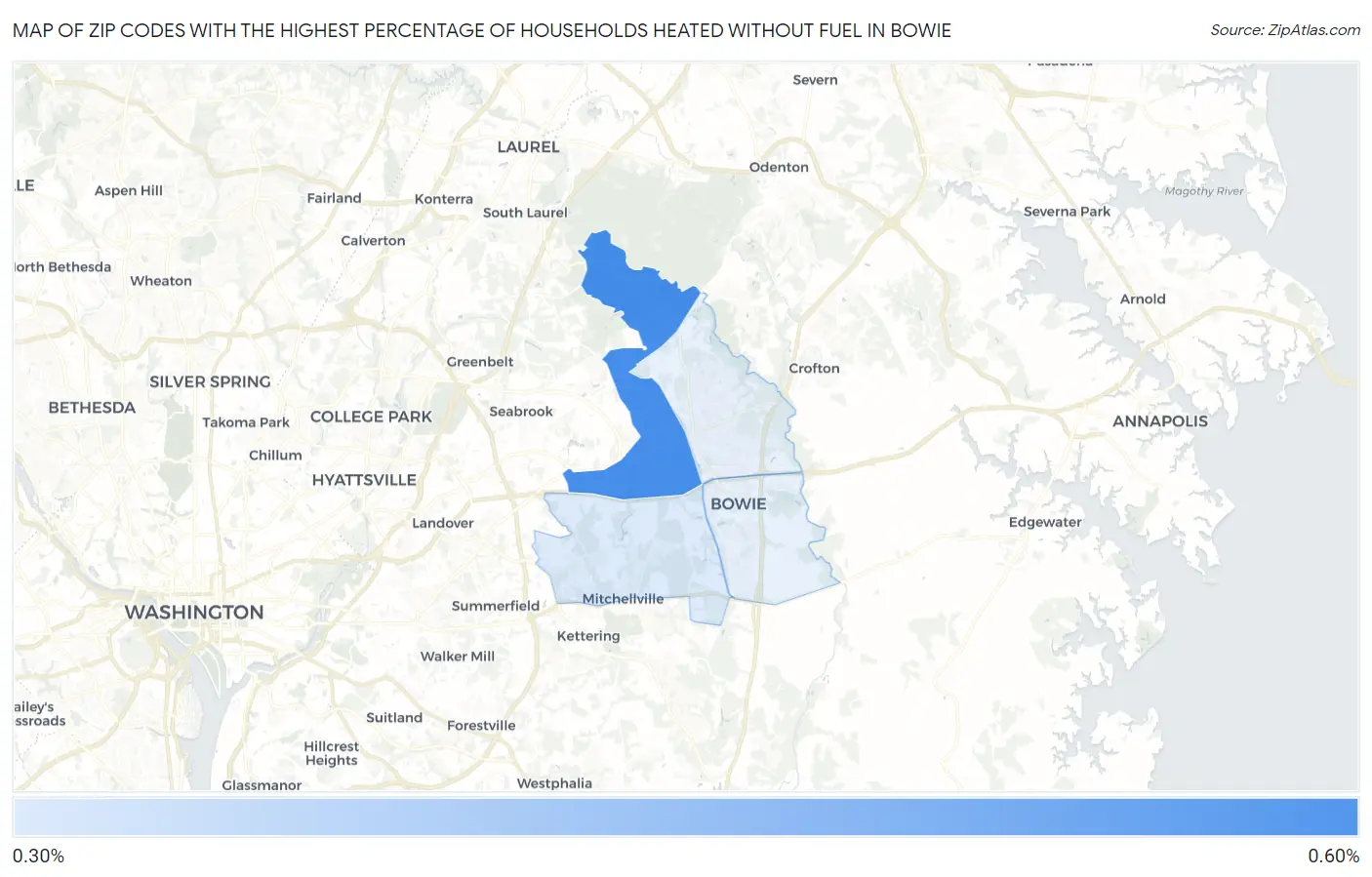 Zip Codes with the Highest Percentage of Households Heated without Fuel in Bowie Map
