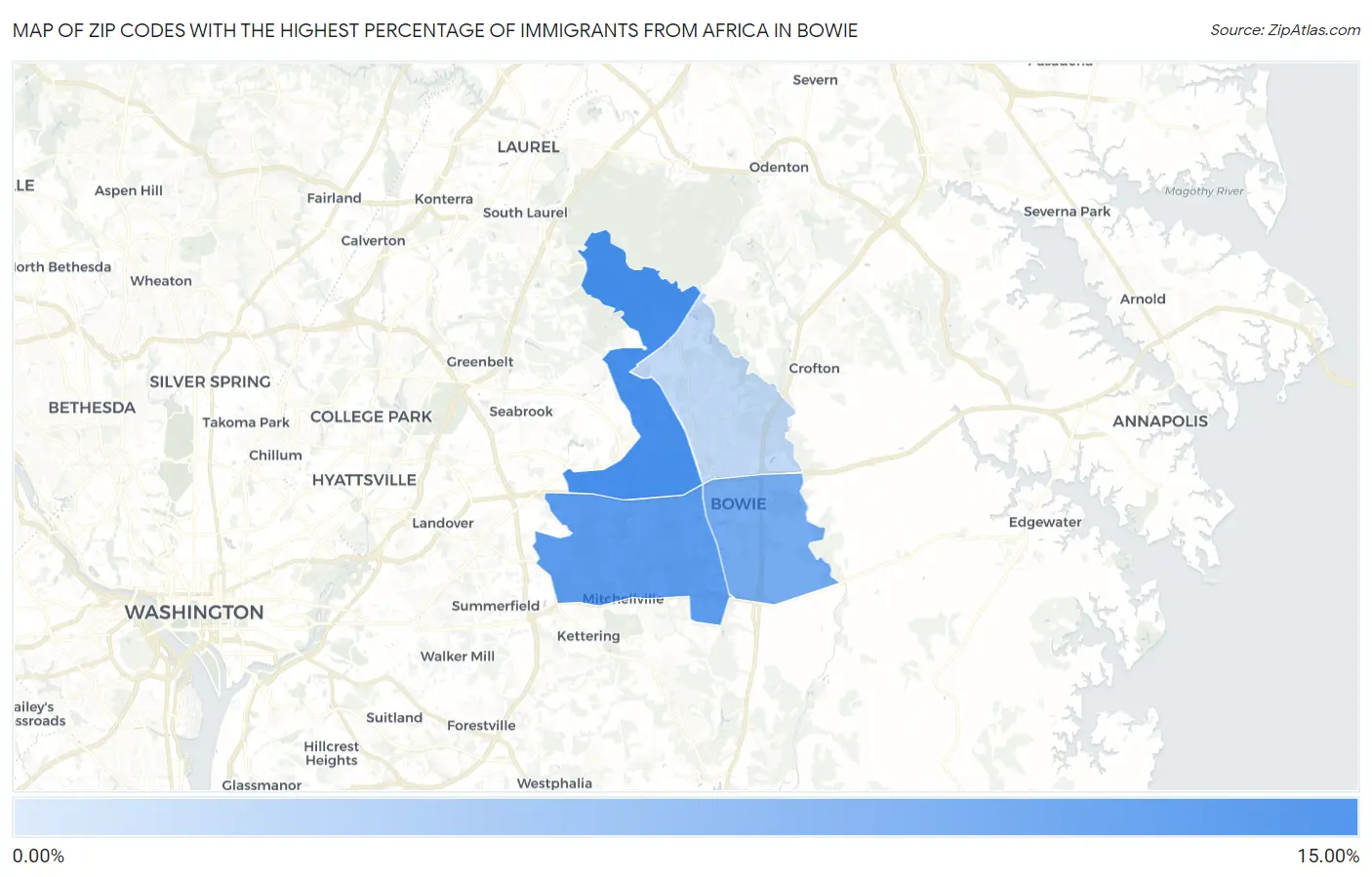 Zip Codes with the Highest Percentage of Immigrants from Africa in Bowie Map