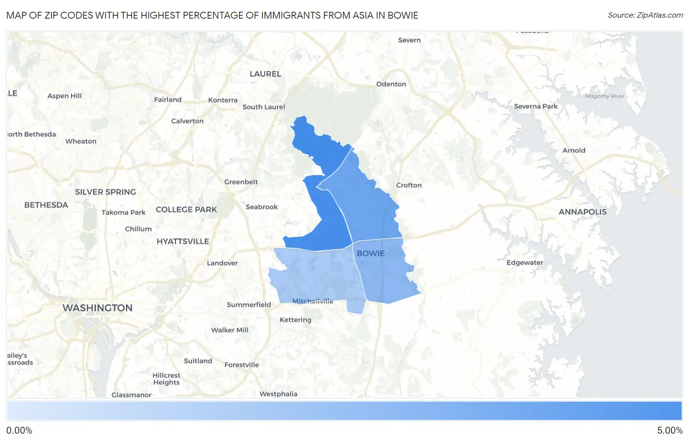 Zip Codes with the Highest Percentage of Immigrants from Asia in Bowie Map