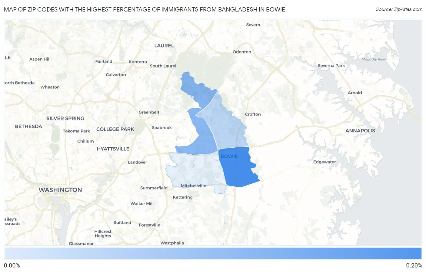 Zip Codes with the Highest Percentage of Immigrants from Bangladesh in Bowie Map