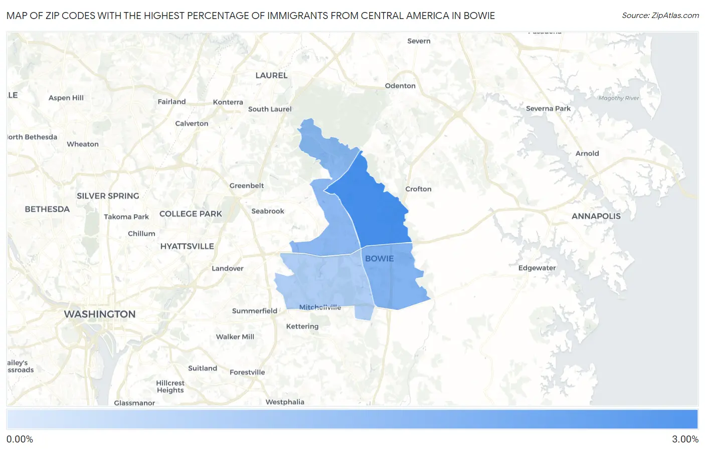 Zip Codes with the Highest Percentage of Immigrants from Central America in Bowie Map