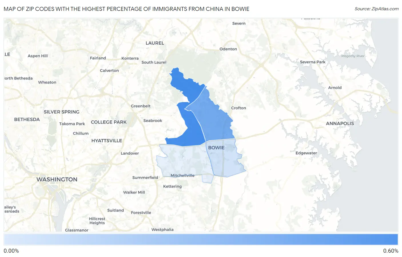 Zip Codes with the Highest Percentage of Immigrants from China in Bowie Map