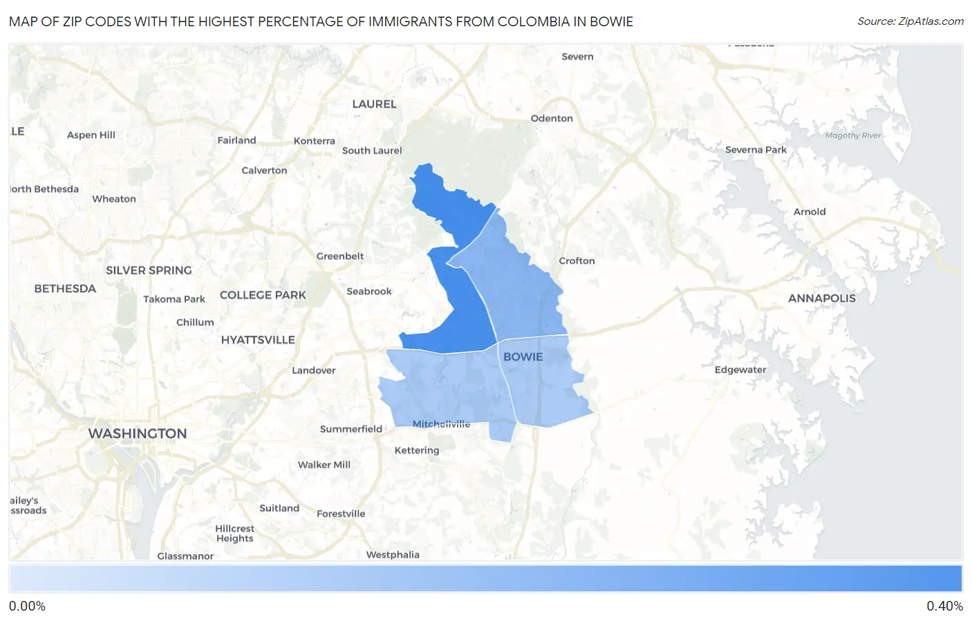 Zip Codes with the Highest Percentage of Immigrants from Colombia in Bowie Map