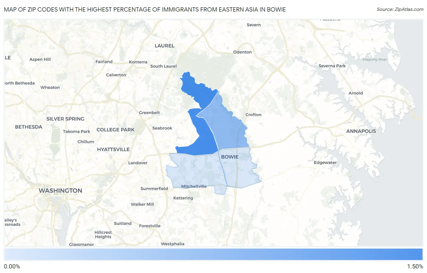 Zip Codes with the Highest Percentage of Immigrants from Eastern Asia in Bowie Map