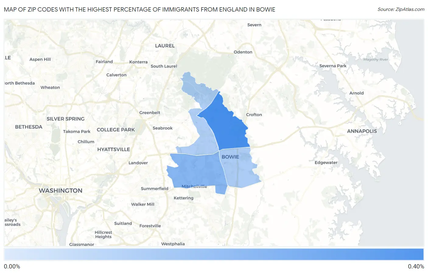 Zip Codes with the Highest Percentage of Immigrants from England in Bowie Map