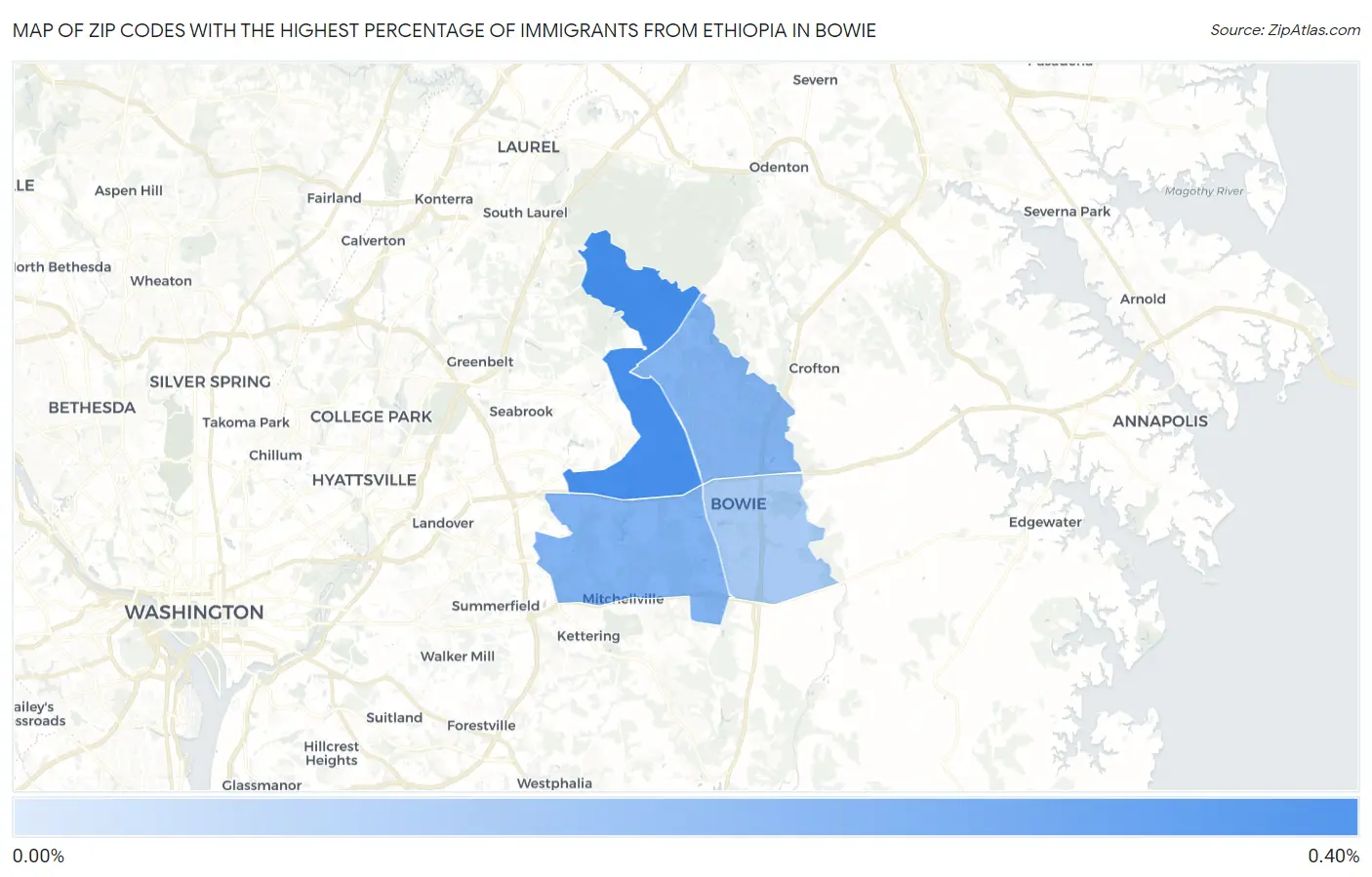 Zip Codes with the Highest Percentage of Immigrants from Ethiopia in Bowie Map