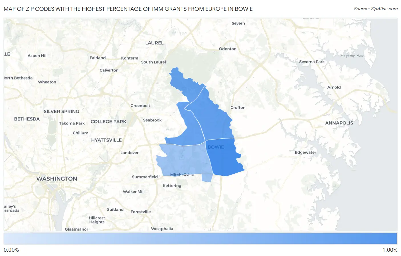 Zip Codes with the Highest Percentage of Immigrants from Europe in Bowie Map