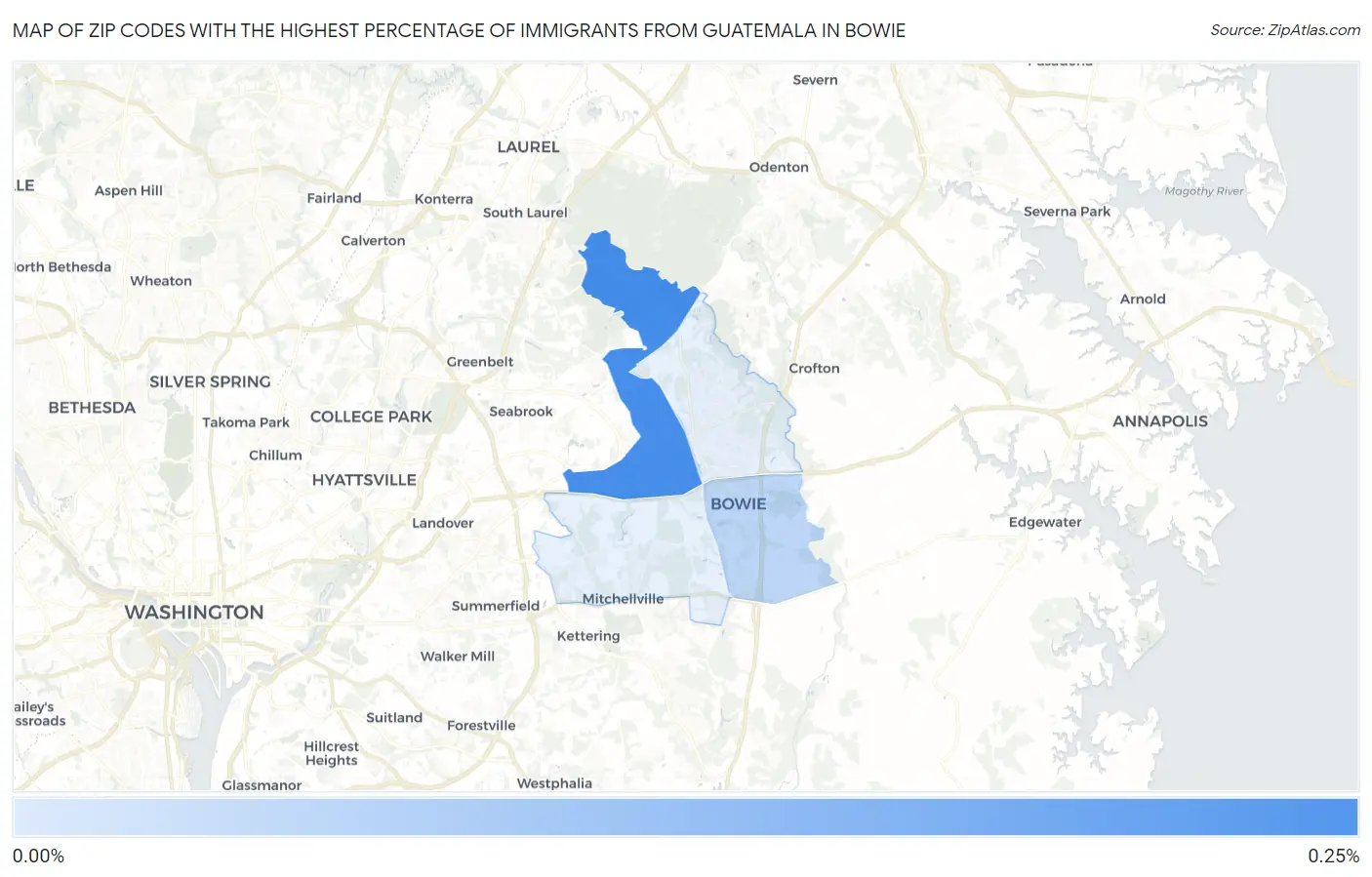 Zip Codes with the Highest Percentage of Immigrants from Guatemala in Bowie Map