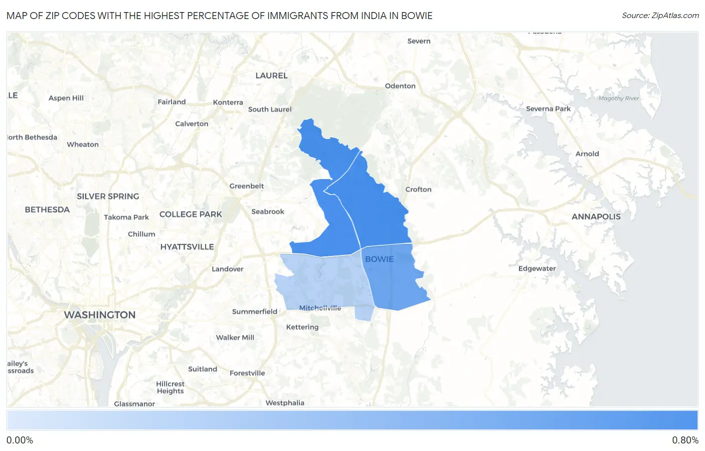 Zip Codes with the Highest Percentage of Immigrants from India in Bowie Map