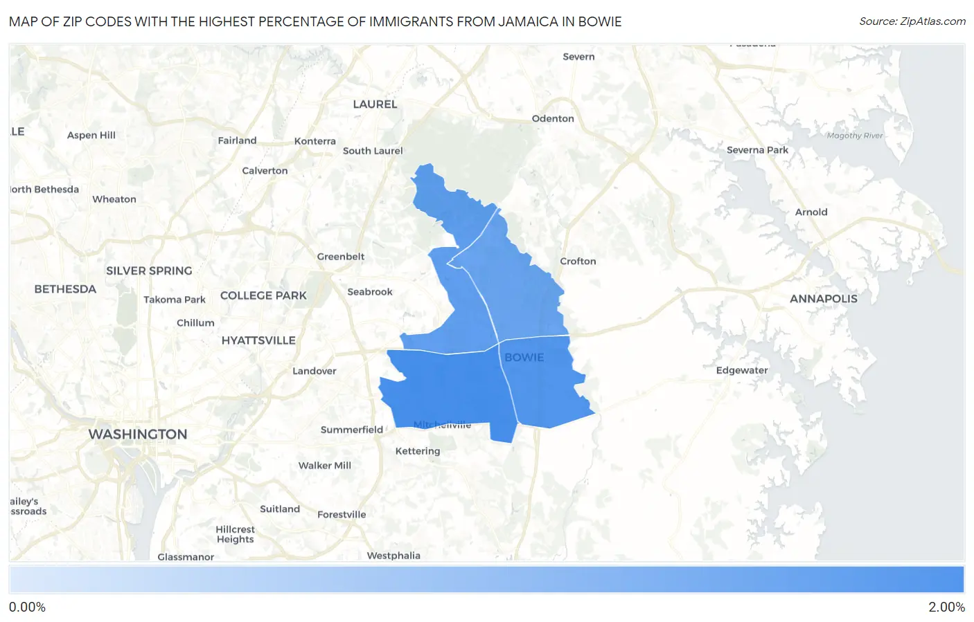 Zip Codes with the Highest Percentage of Immigrants from Jamaica in Bowie Map
