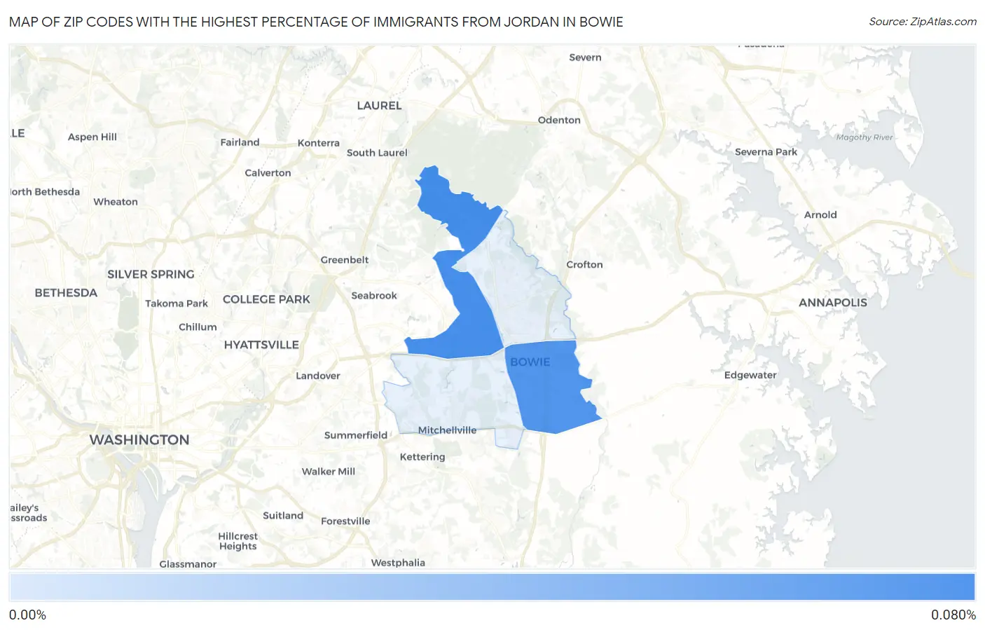 Zip Codes with the Highest Percentage of Immigrants from Jordan in Bowie Map