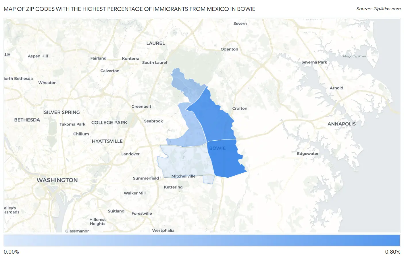Zip Codes with the Highest Percentage of Immigrants from Mexico in Bowie Map
