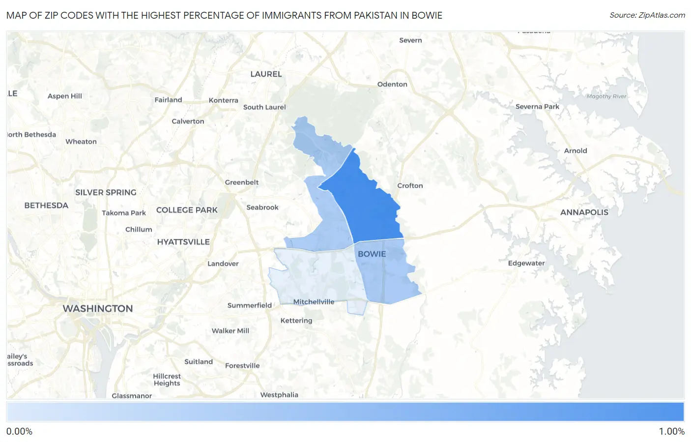 Zip Codes with the Highest Percentage of Immigrants from Pakistan in Bowie Map