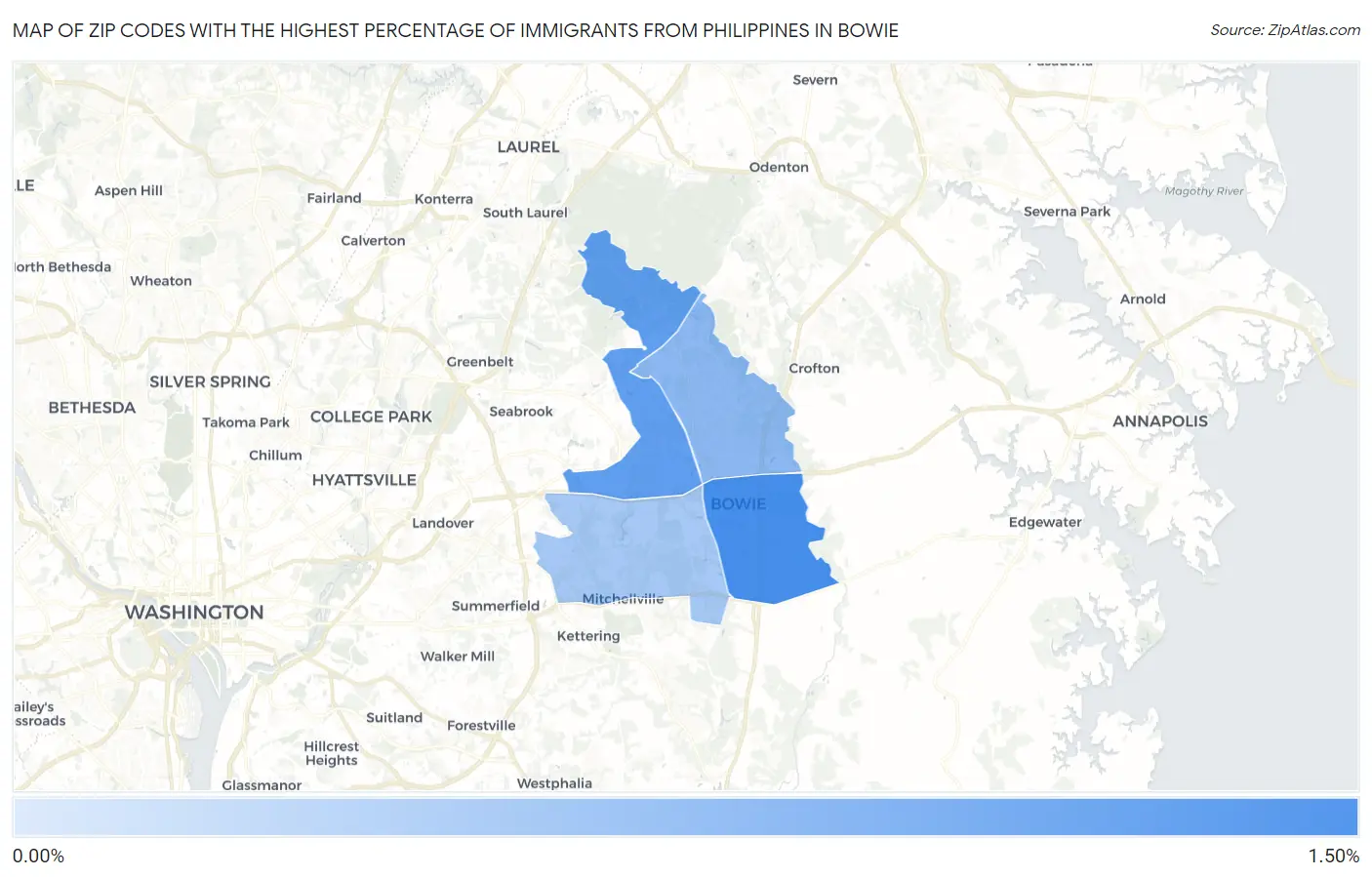 Zip Codes with the Highest Percentage of Immigrants from Philippines in Bowie Map