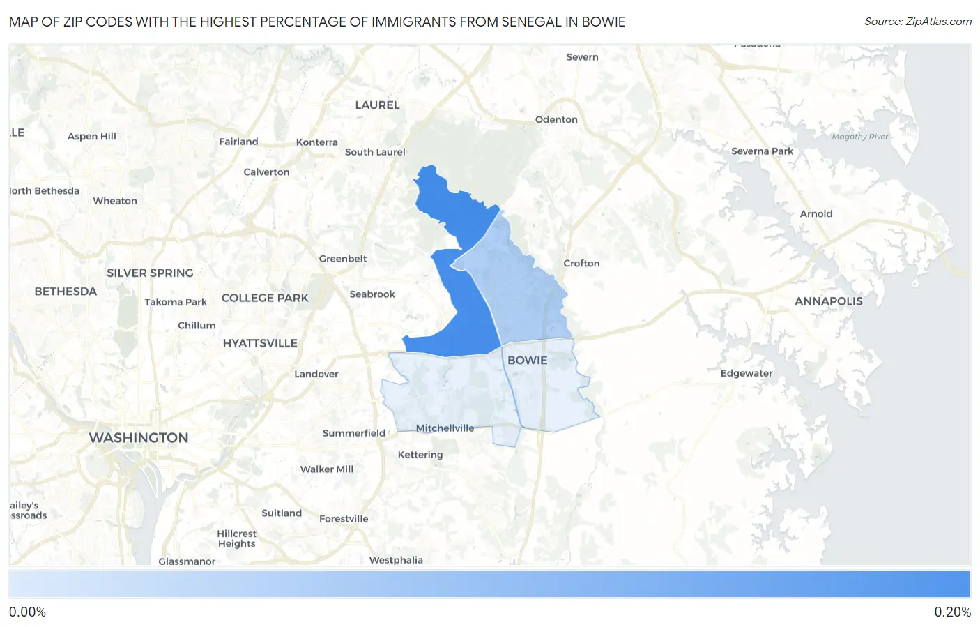 Zip Codes with the Highest Percentage of Immigrants from Senegal in Bowie Map