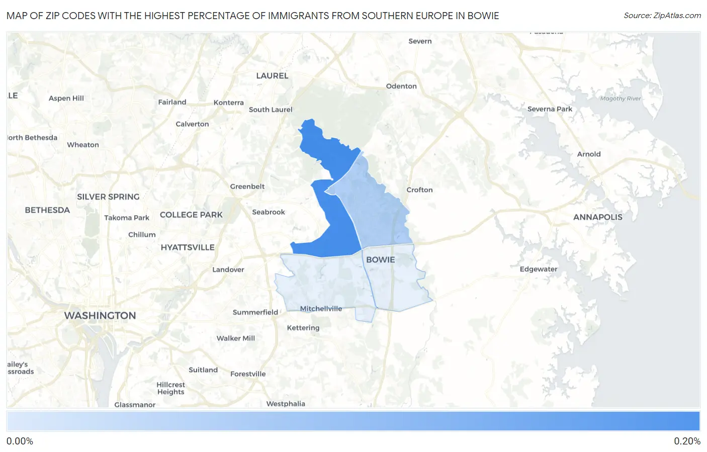 Zip Codes with the Highest Percentage of Immigrants from Southern Europe in Bowie Map