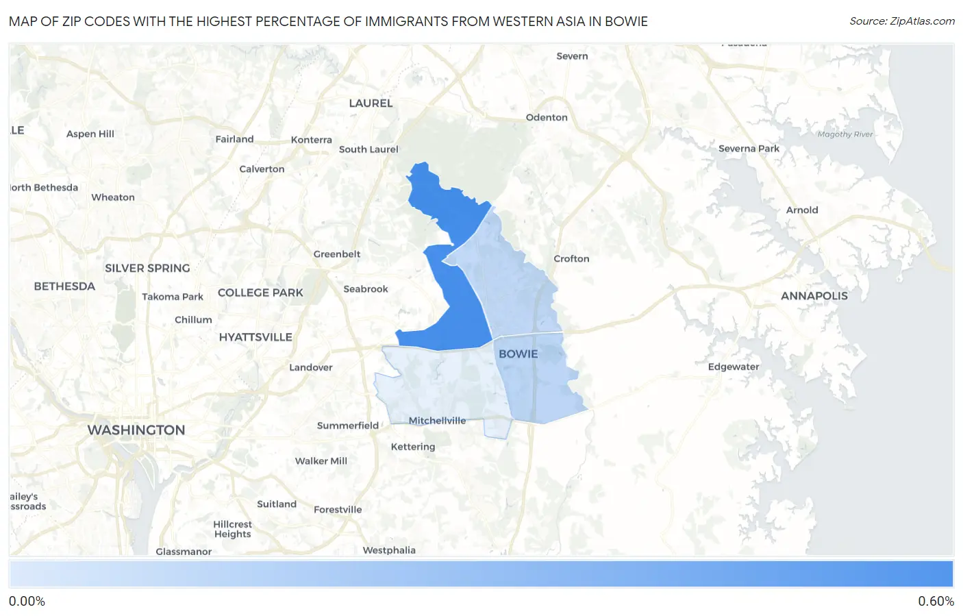 Zip Codes with the Highest Percentage of Immigrants from Western Asia in Bowie Map