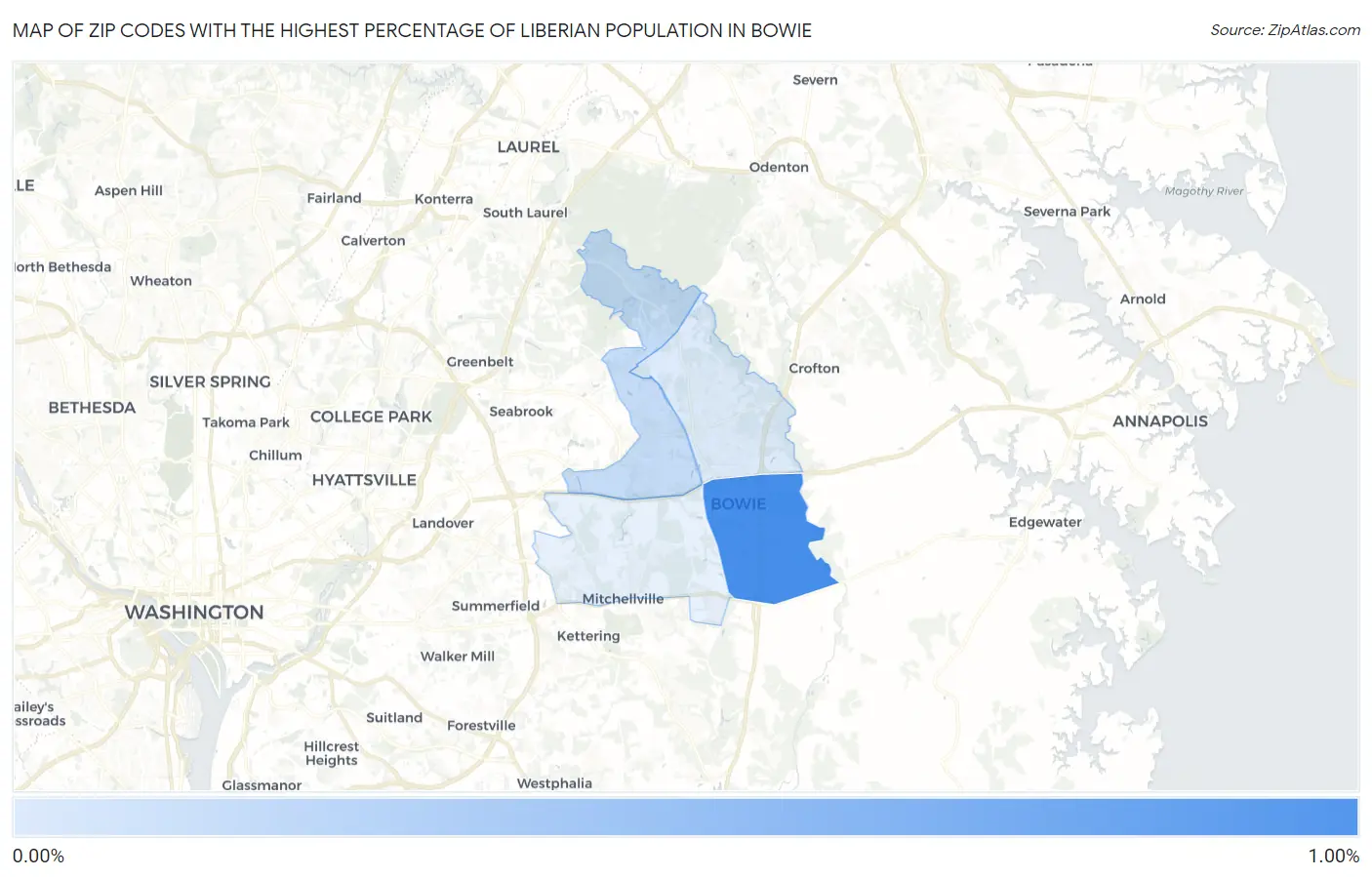 Zip Codes with the Highest Percentage of Liberian Population in Bowie Map