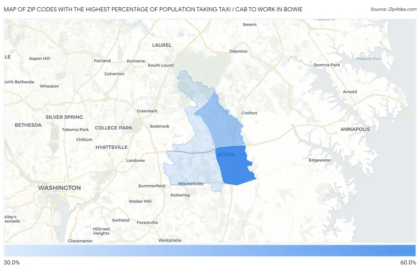 Zip Codes with the Highest Percentage of Population Taking Taxi / Cab to Work in Bowie Map