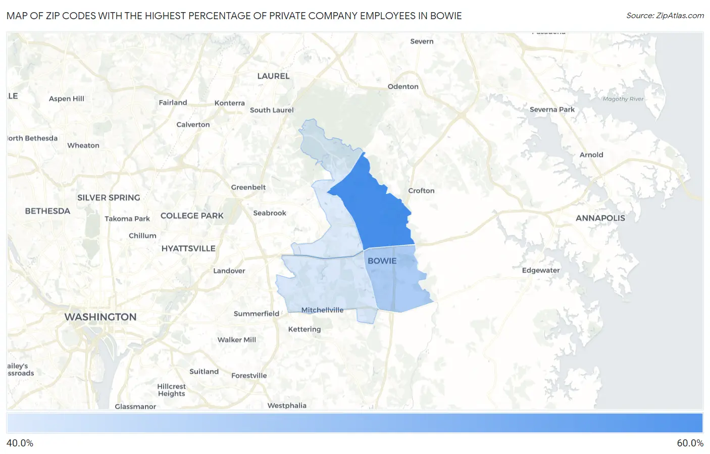 Zip Codes with the Highest Percentage of Private Company Employees in Bowie Map