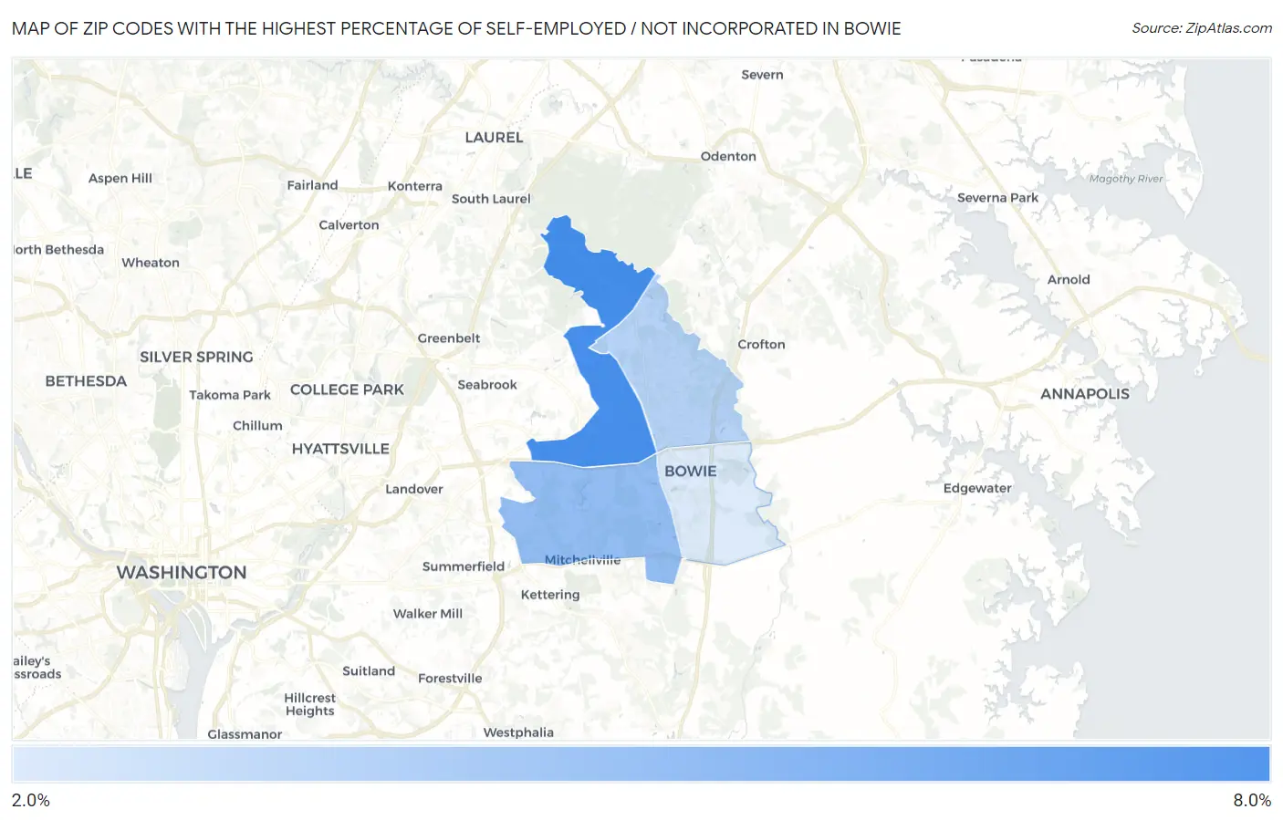 Zip Codes with the Highest Percentage of Self-Employed / Not Incorporated in Bowie Map