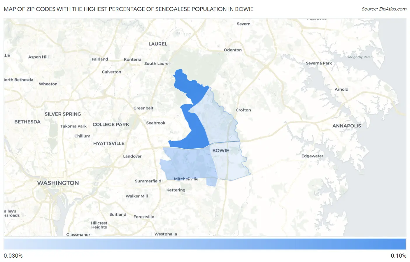 Zip Codes with the Highest Percentage of Senegalese Population in Bowie Map