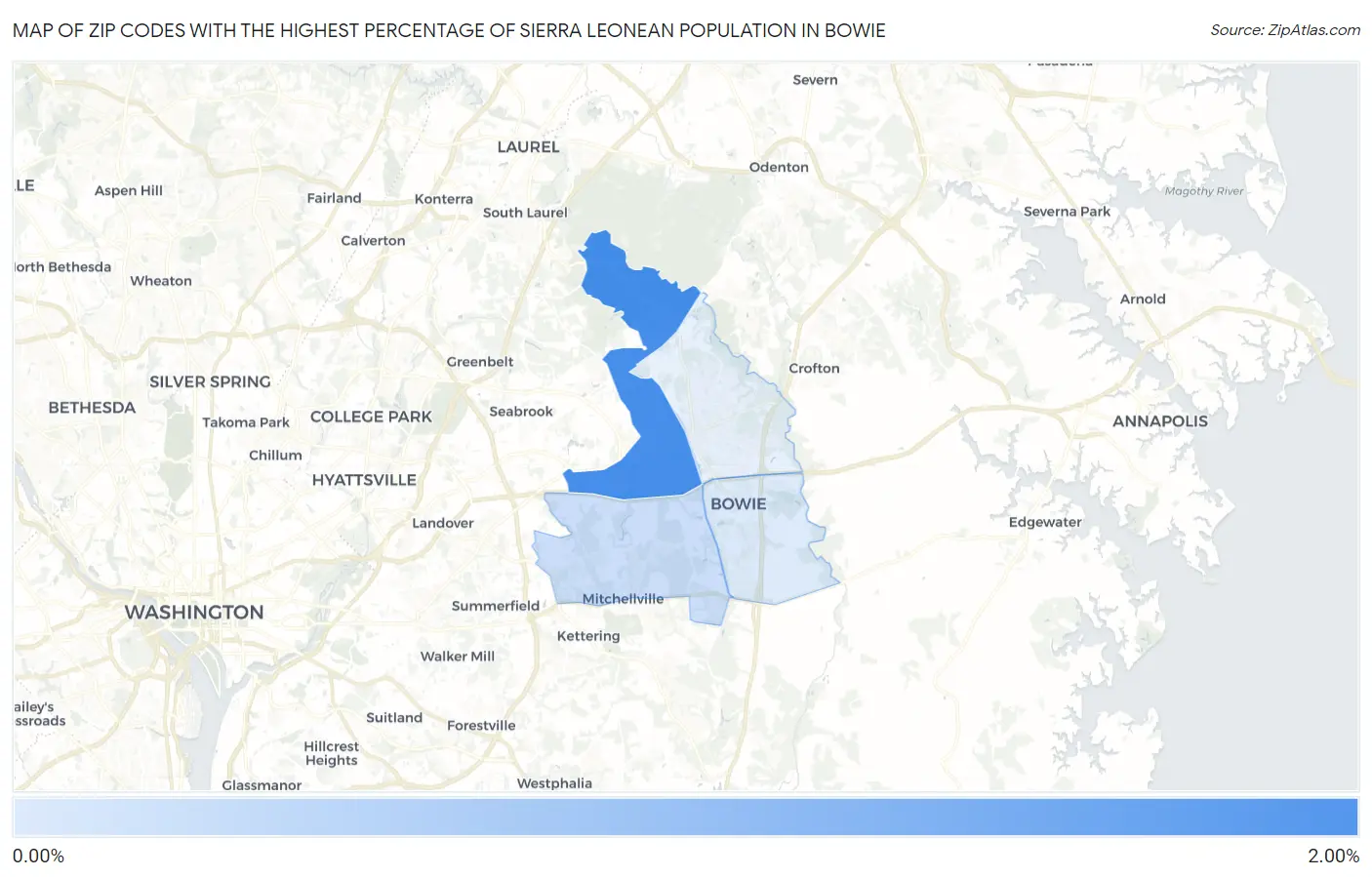Zip Codes with the Highest Percentage of Sierra Leonean Population in Bowie Map
