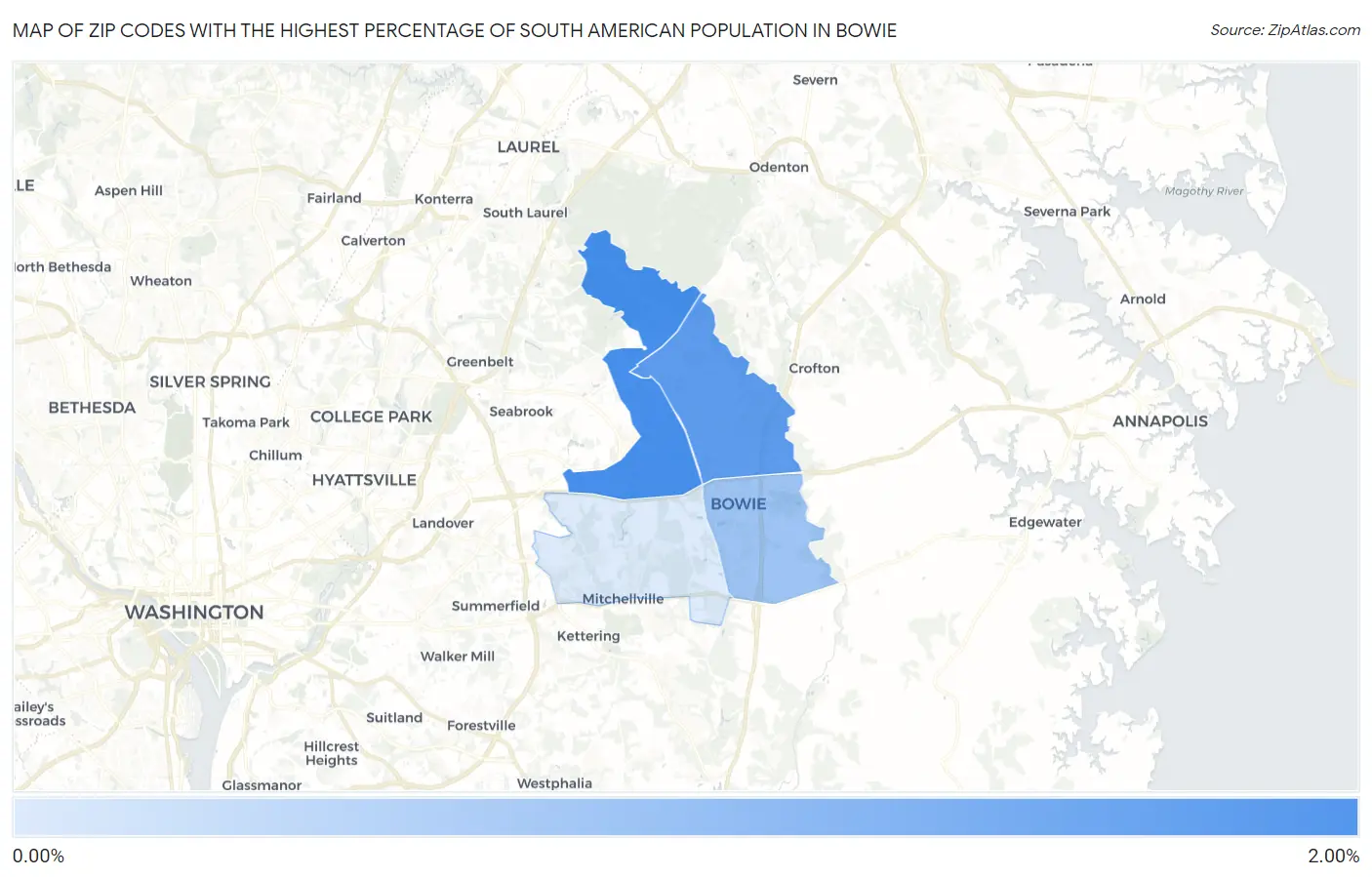 Zip Codes with the Highest Percentage of South American Population in Bowie Map