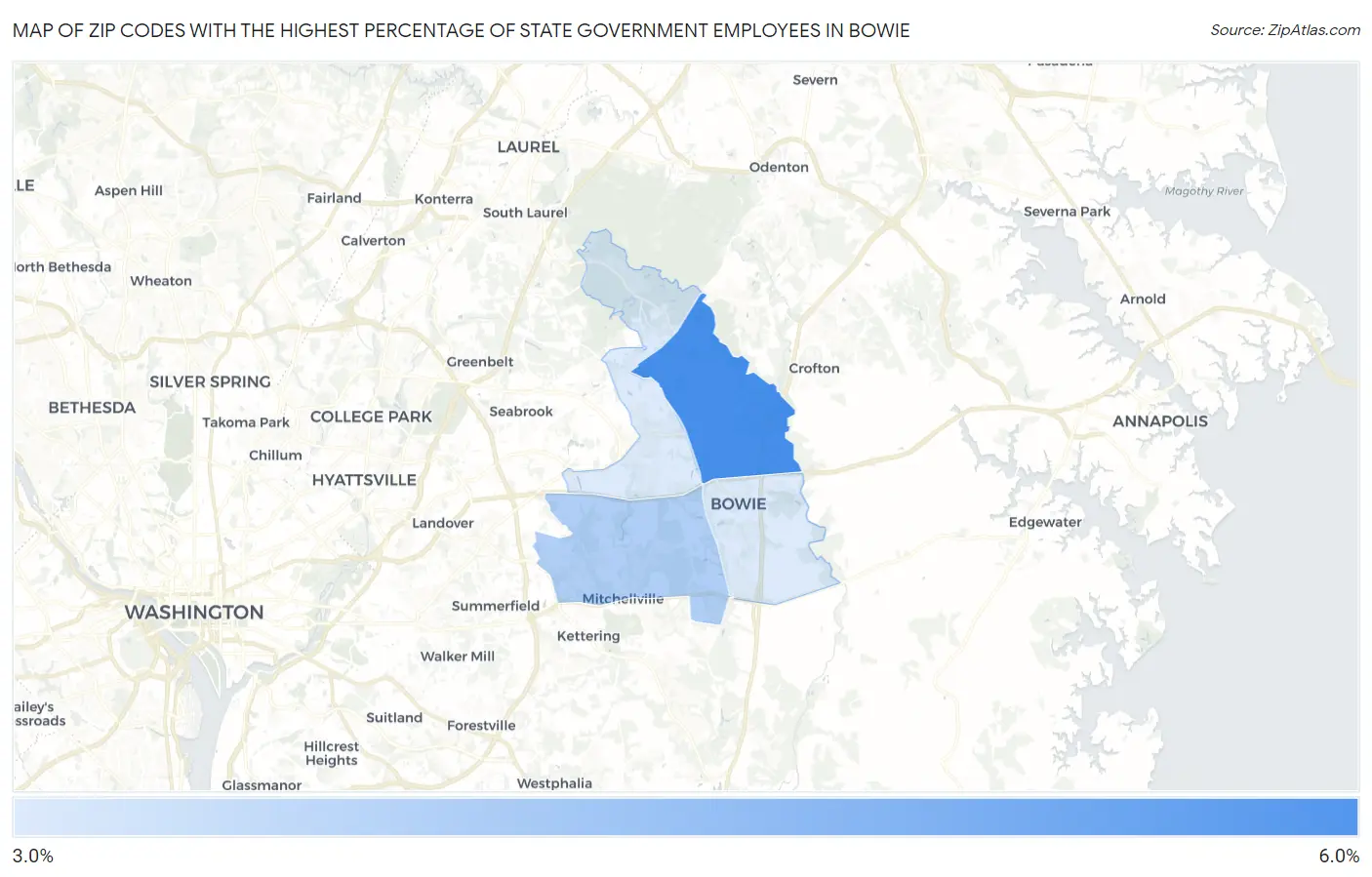 Zip Codes with the Highest Percentage of State Government Employees in Bowie Map