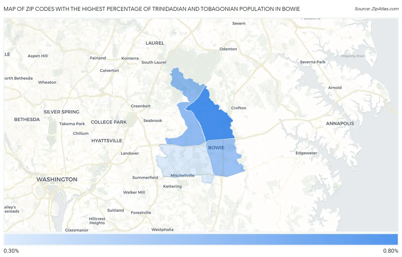 Zip Codes with the Highest Percentage of Trinidadian and Tobagonian Population in Bowie Map