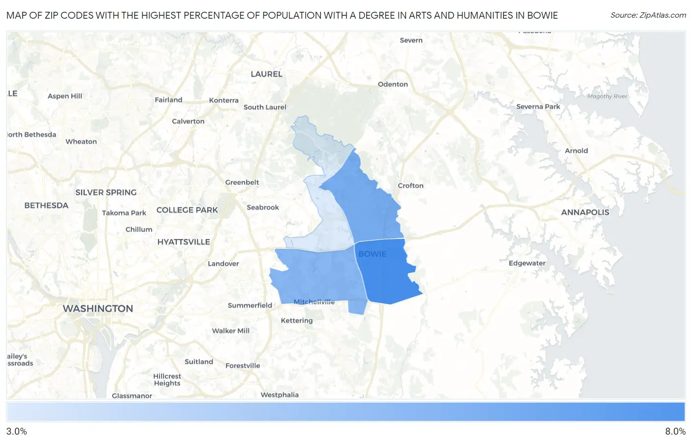 Zip Codes with the Highest Percentage of Population with a Degree in Arts and Humanities in Bowie Map