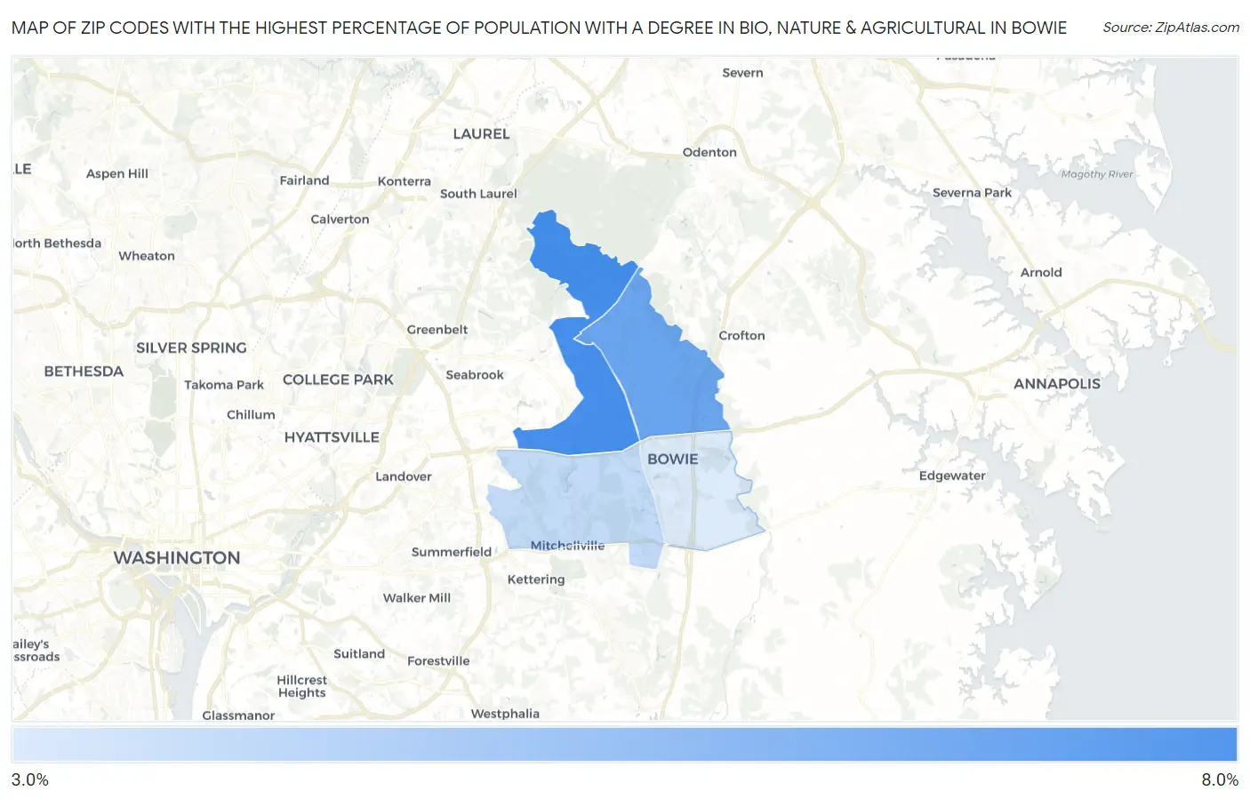 Zip Codes with the Highest Percentage of Population with a Degree in Bio, Nature & Agricultural in Bowie Map