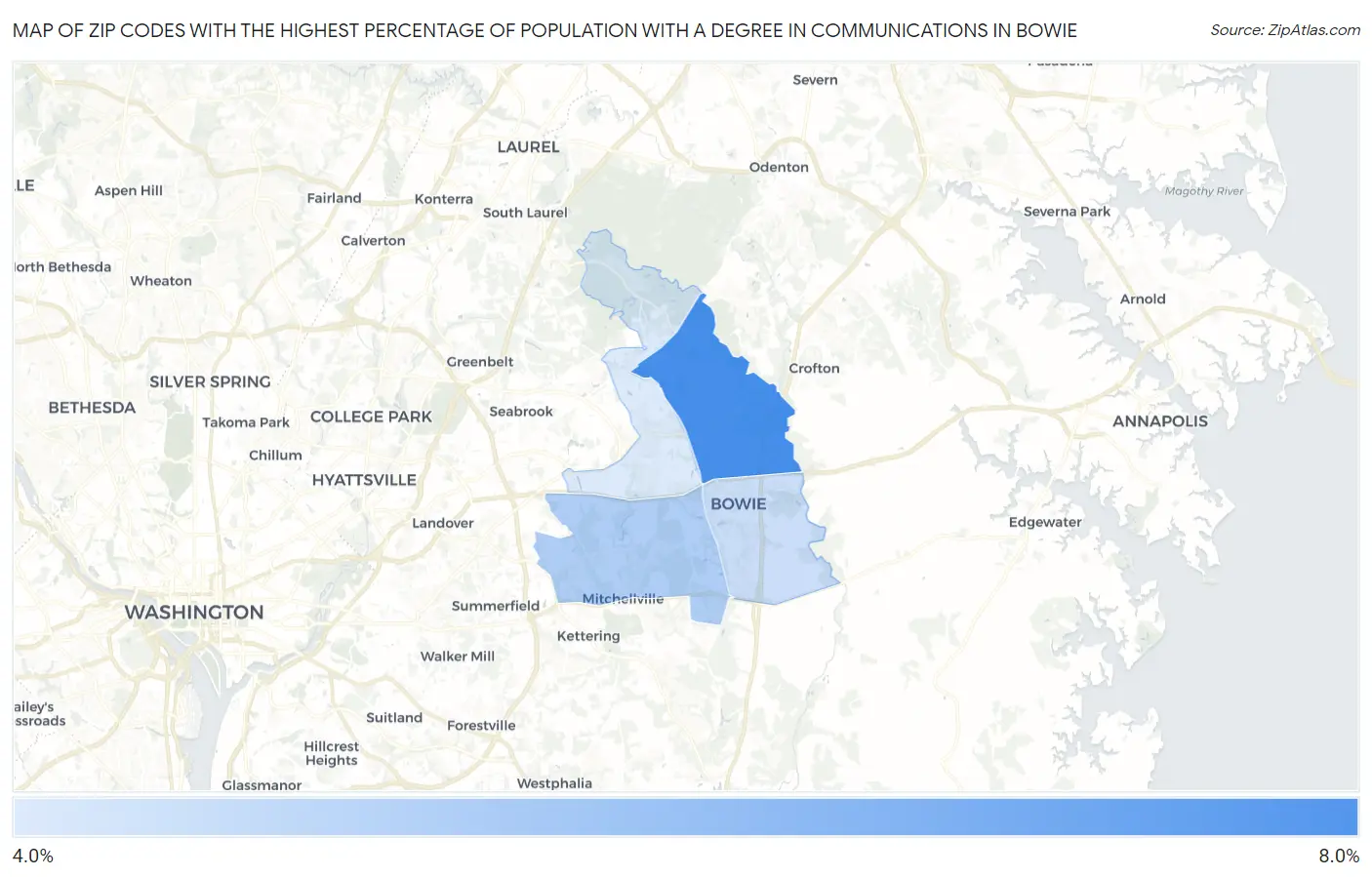 Zip Codes with the Highest Percentage of Population with a Degree in Communications in Bowie Map
