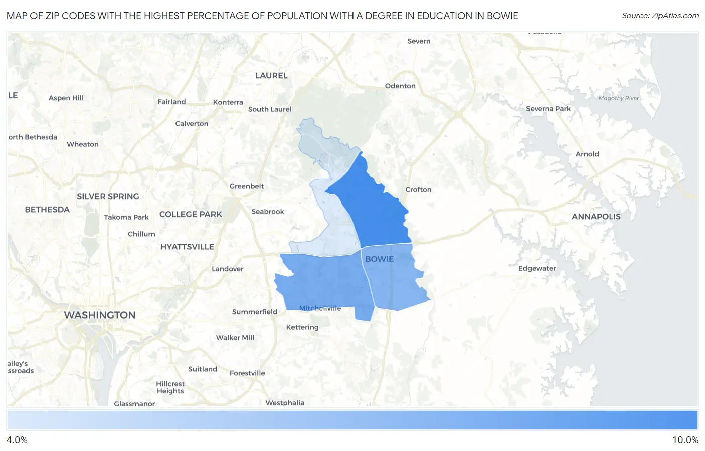 Zip Codes with the Highest Percentage of Population with a Degree in Education in Bowie Map