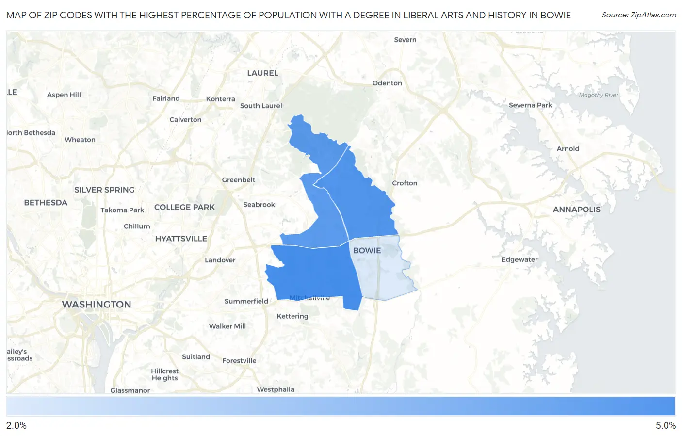 Zip Codes with the Highest Percentage of Population with a Degree in Liberal Arts and History in Bowie Map