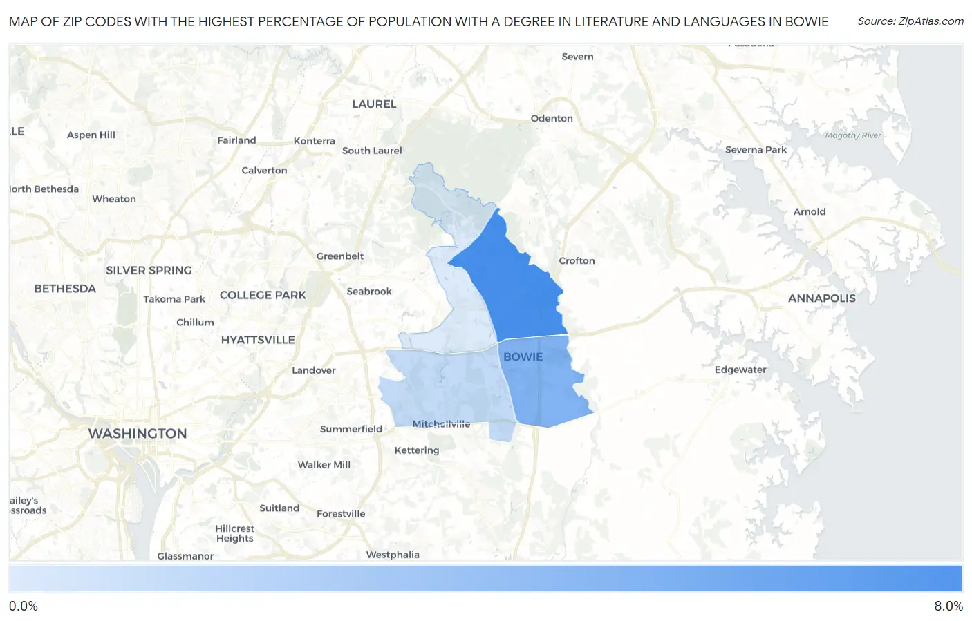 Zip Codes with the Highest Percentage of Population with a Degree in Literature and Languages in Bowie Map