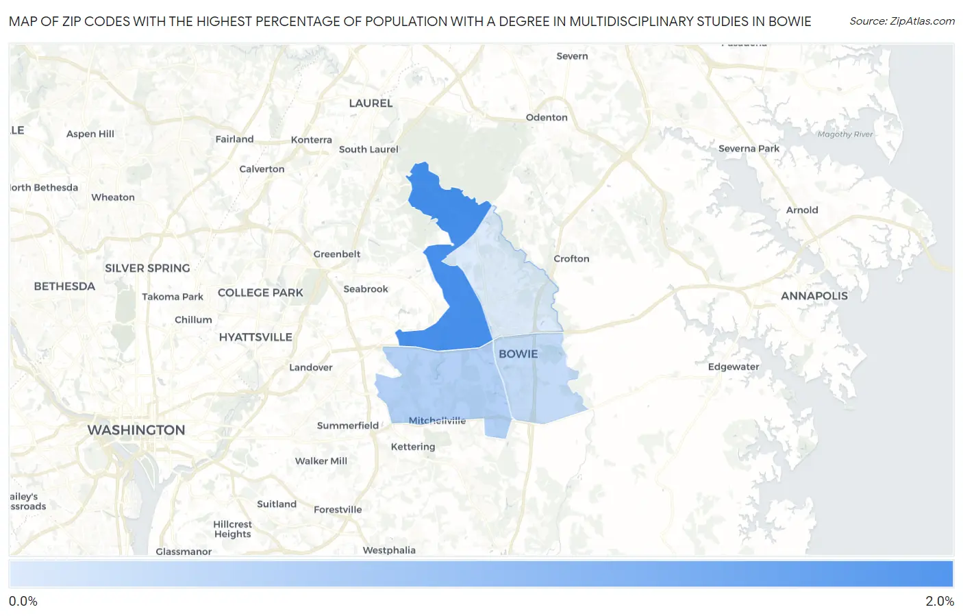 Zip Codes with the Highest Percentage of Population with a Degree in Multidisciplinary Studies in Bowie Map
