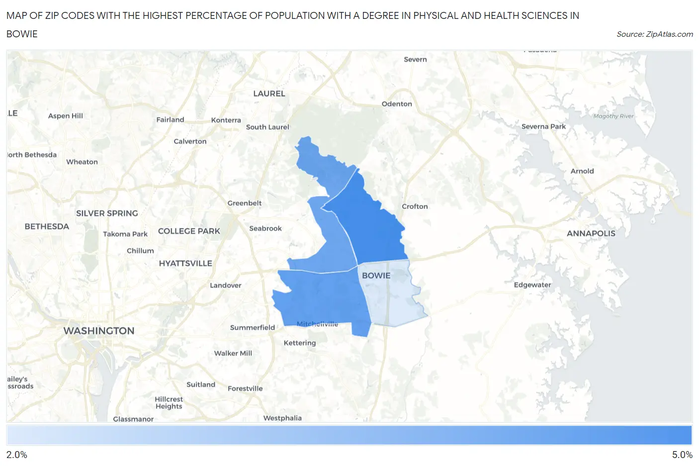 Zip Codes with the Highest Percentage of Population with a Degree in Physical and Health Sciences in Bowie Map