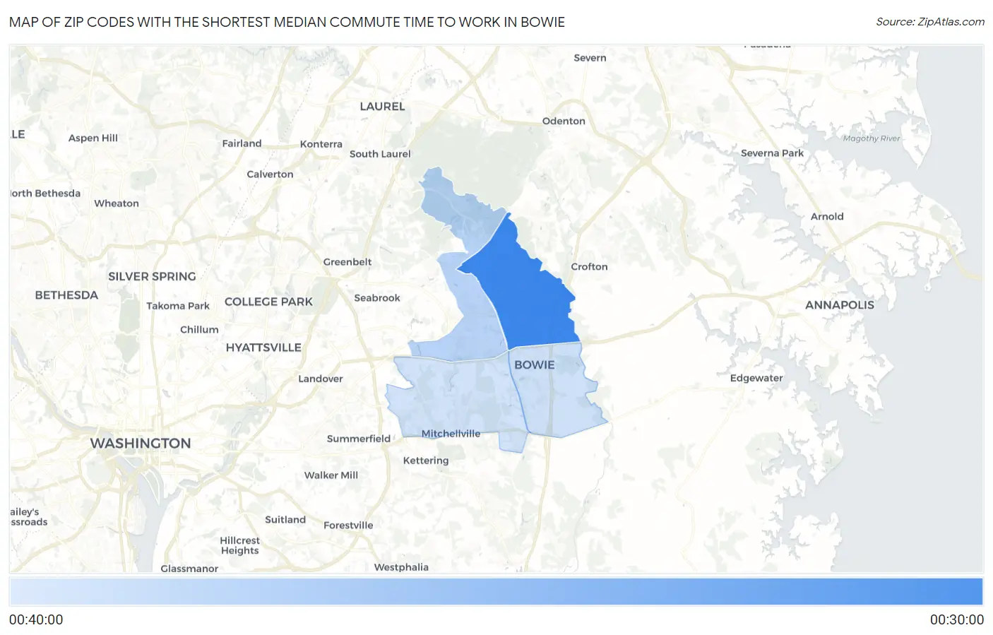 Zip Codes with the Shortest Median Commute Time to Work in Bowie Map