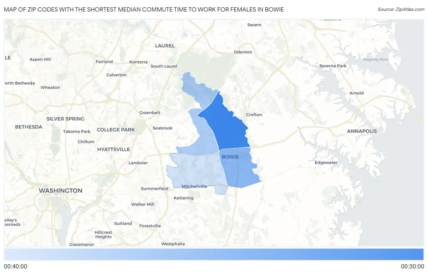 Zip Codes with the Shortest Median Commute Time to Work for Females in Bowie Map