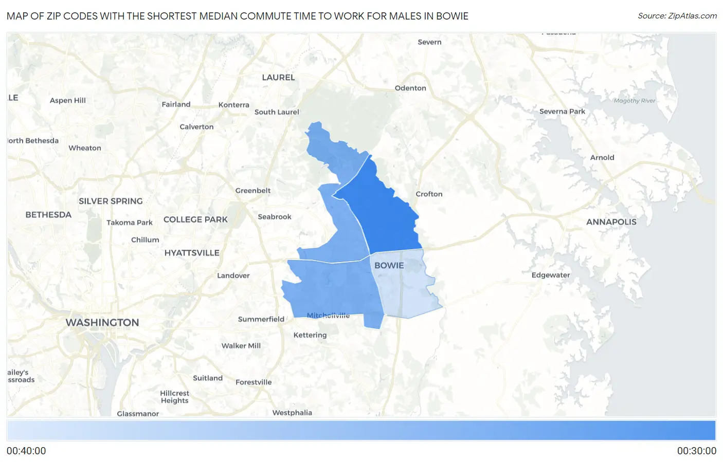 Zip Codes with the Shortest Median Commute Time to Work for Males in Bowie Map