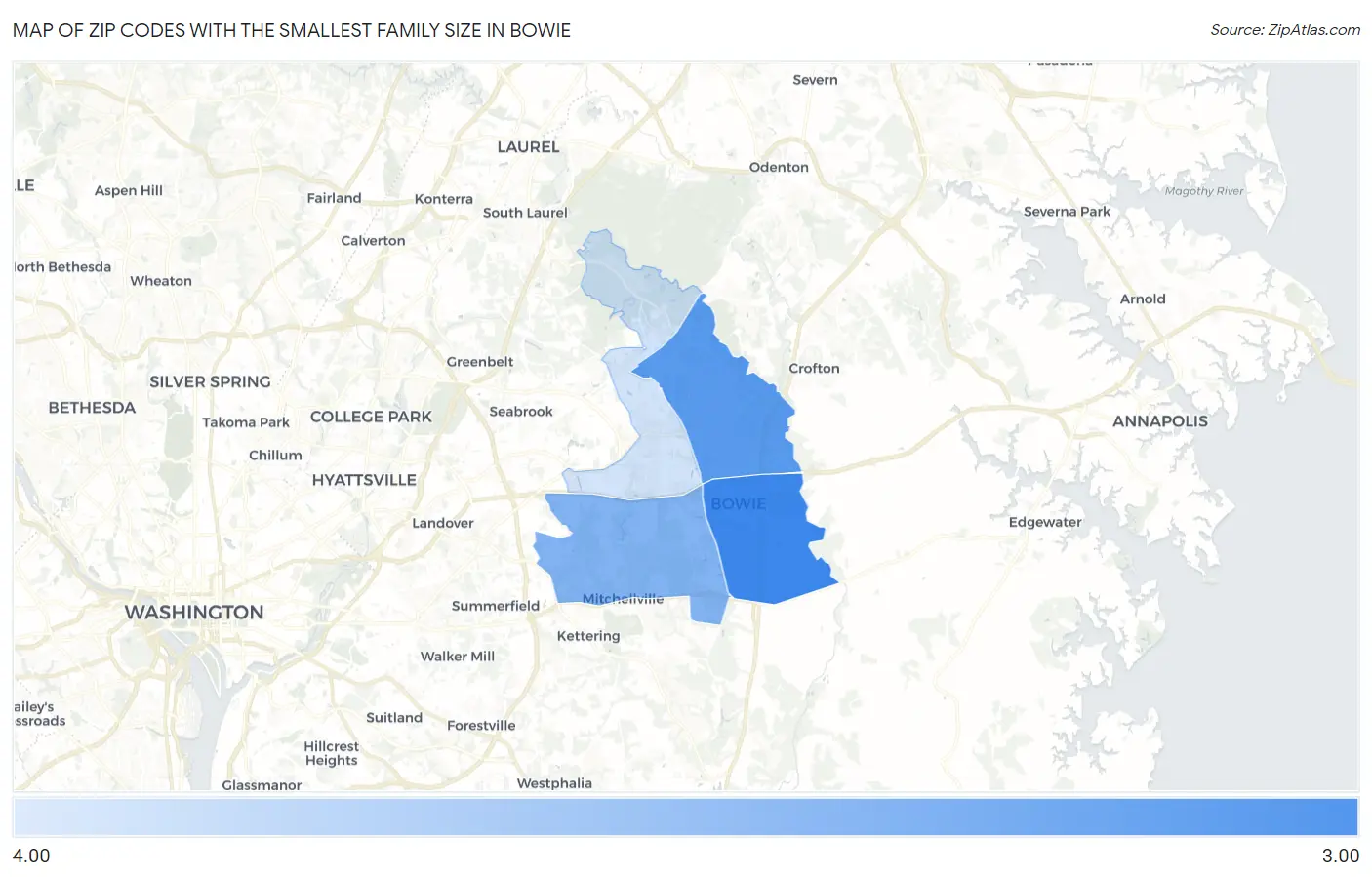 Zip Codes with the Smallest Family Size in Bowie Map