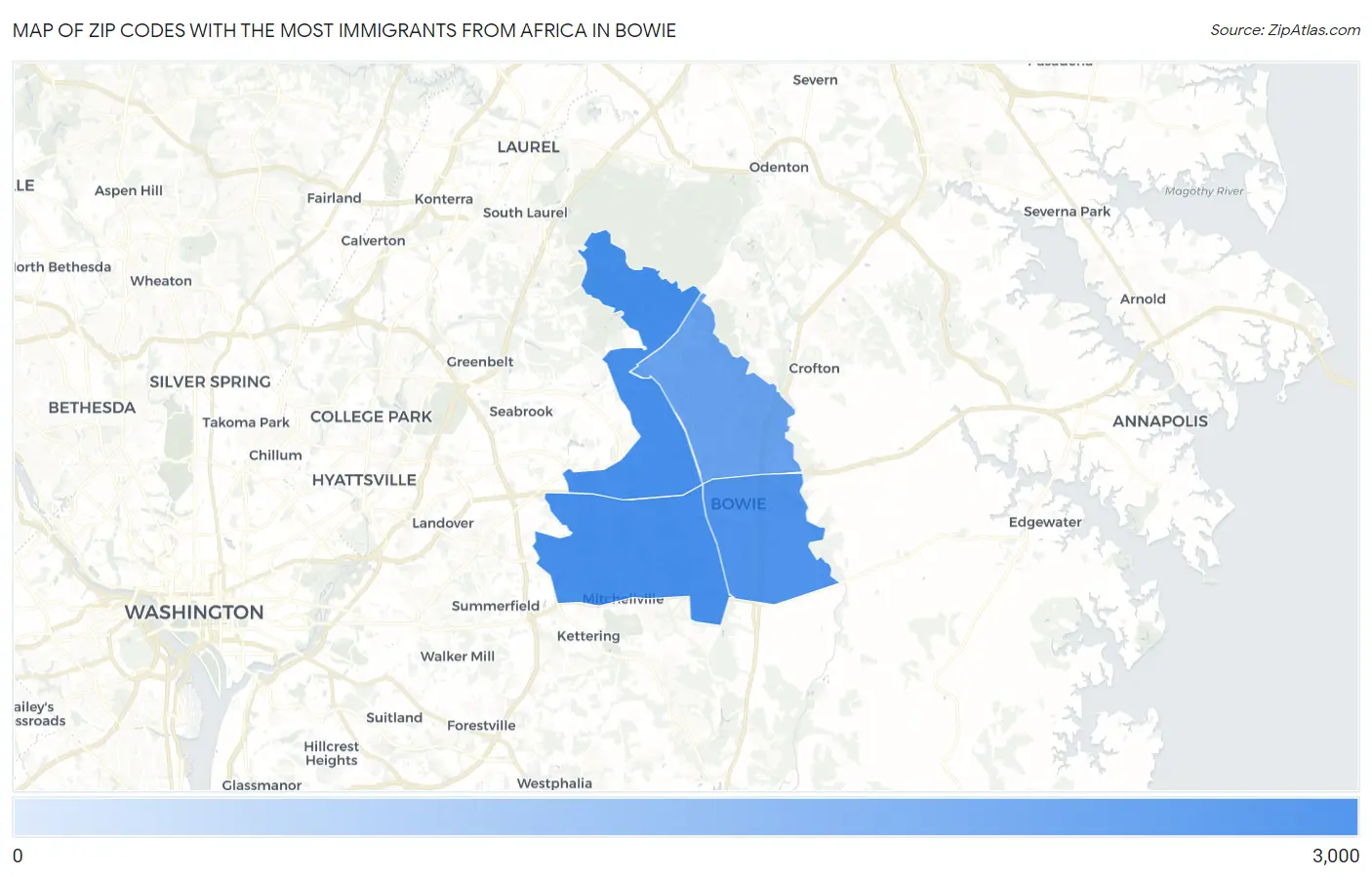 Zip Codes with the Most Immigrants from Africa in Bowie Map