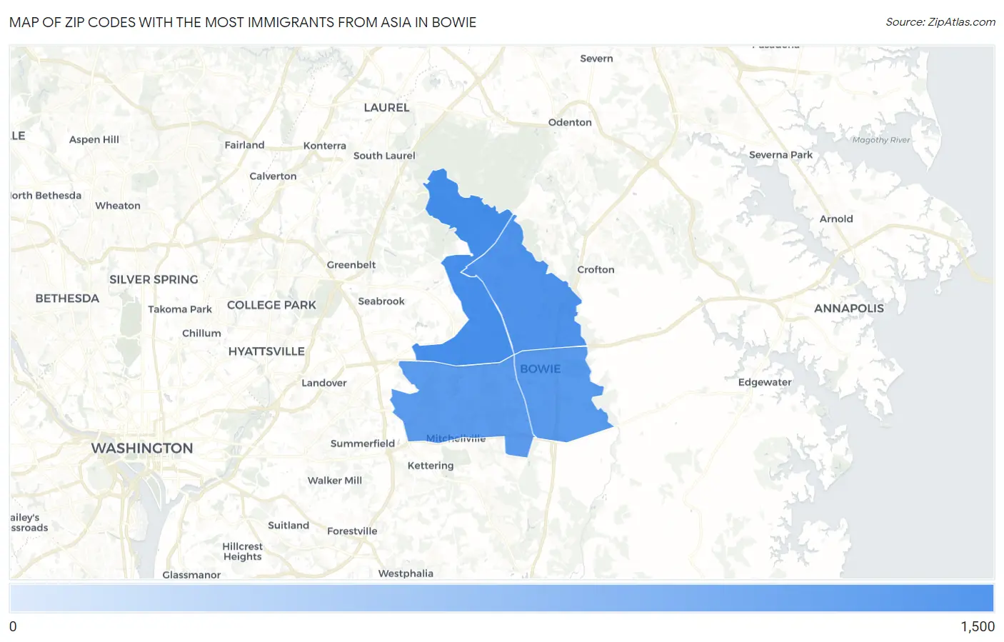 Zip Codes with the Most Immigrants from Asia in Bowie Map