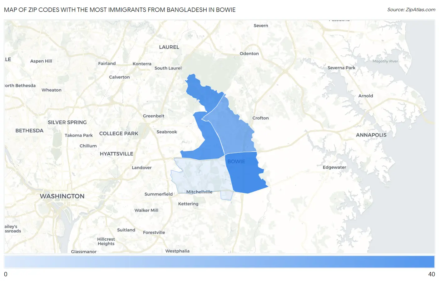 Zip Codes with the Most Immigrants from Bangladesh in Bowie Map